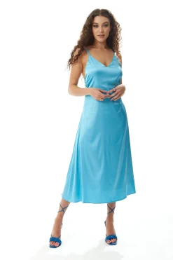 Women's Midi Dress in Blue Satin with Deep V Neck and Adjustable Straps - Liquorish