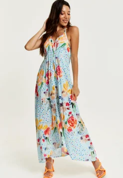 Women's Midi Dress in Blue with Floral Print, Sleeveless Asymmetrical Design and Open Back - Liquorish