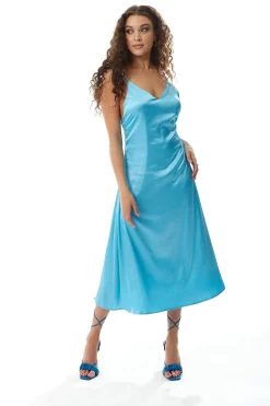 Women's Midi Dress in Blue Satin with Deep V Neck and Adjustable Straps - Liquorish