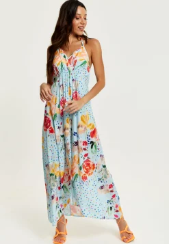 Women's Midi Dress in Blue with Floral Print, Sleeveless Asymmetrical Design and Open Back - Liquorish