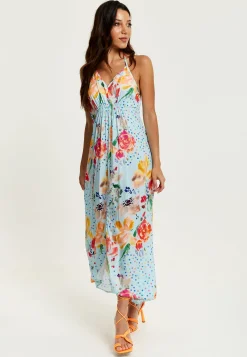 Women's Midi Dress in Blue with Floral Print, Sleeveless Asymmetrical Design and Open Back - Liquorish