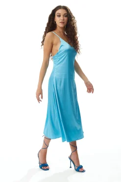 Women's Midi Dress in Blue Satin with Deep V Neck and Adjustable Straps - Liquorish