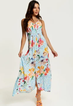 Women's Midi Dress in Blue with Floral Print, Sleeveless Asymmetrical Design and Open Back - Liquorish