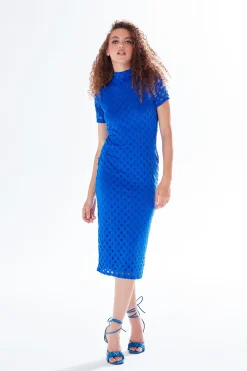 Women's Midi Dress in Bold Blue with High Neck, Short Sleeves, and Open Back Detail - Liquorish