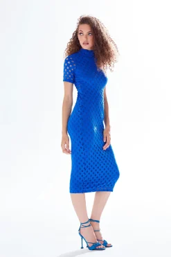 Women's Midi Dress in Bold Blue with High Neck, Short Sleeves, and Open Back Detail - Liquorish