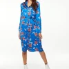 Women's Midi Dress in Bright Blue with Floral Print, Long Sleeve, Button Front and Functional Pockets