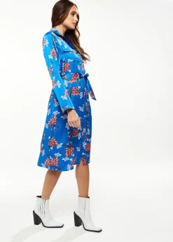 Women's Midi Dress in Bright Blue with Floral Print, Long Sleeve, Button Front and Functional Pockets