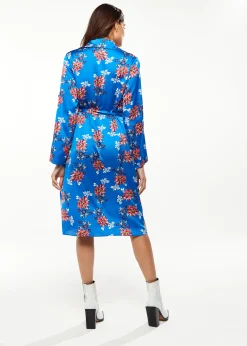 Women's Midi Dress in Bright Blue with Floral Print, Long Sleeve, Button Front and Functional Pockets