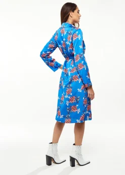 Women's Midi Dress in Bright Blue with Floral Print, Long Sleeve, Button Front and Functional Pockets