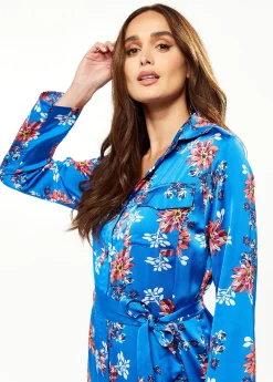 Women's Midi Dress in Bright Blue with Floral Print, Long Sleeve, Button Front and Functional Pockets