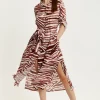 Women's Midi Dress in Brown Zebra Print with Long Sleeves - Button Up Shirt Dress with Tie Waist by Liquorish