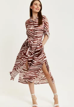 Women's Midi Dress in Brown Zebra Print with Long Sleeves - Button Up Shirt Dress with Tie Waist by Liquorish