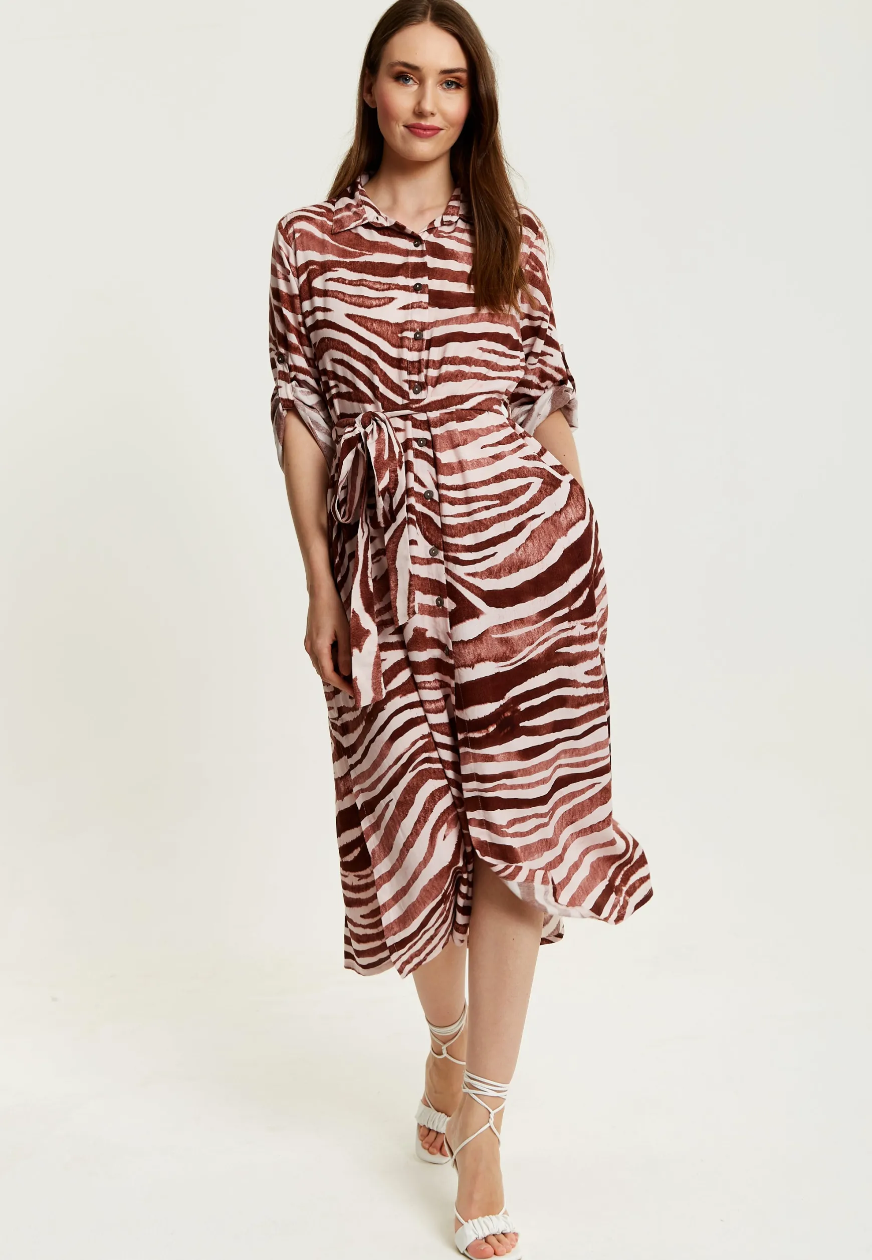 Women's Midi Dress in Brown Zebra Print with Long Sleeves - Button Up Shirt Dress with Tie Waist by Liquorish