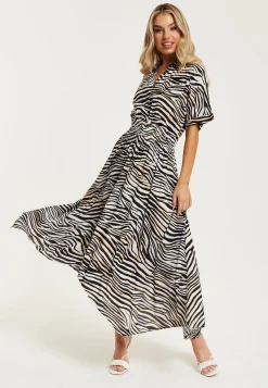 Women's Midi Dress in Brown Zebra Print with Short Sleeves and Asymmetric Hem - Liquorish