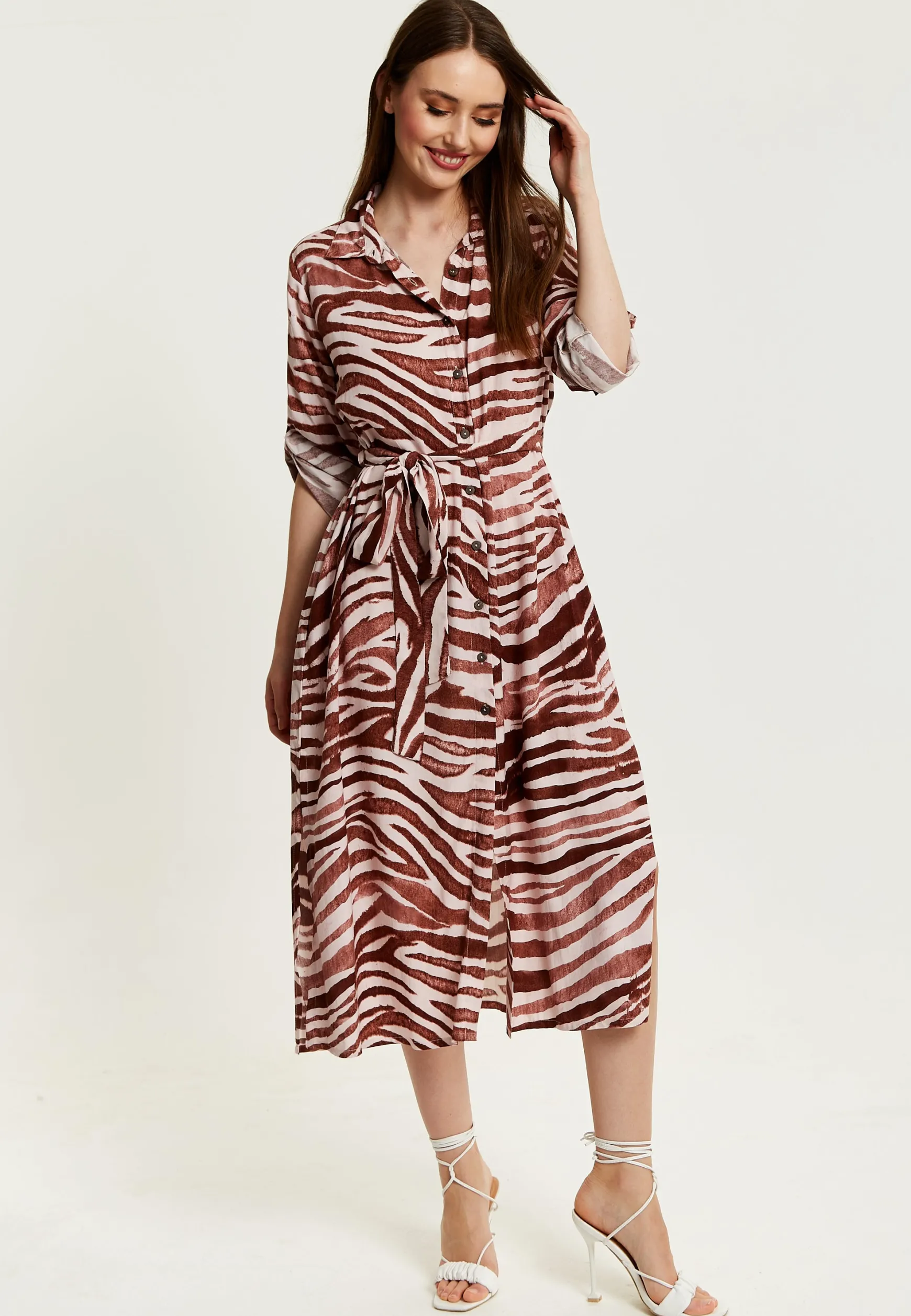 Women's Midi Dress in Brown Zebra Print with Long Sleeves - Button Up Shirt Dress with Tie Waist by Liquorish