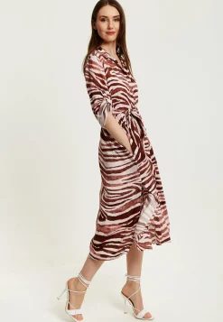 Women's Midi Dress in Brown Zebra Print with Long Sleeves - Button Up Shirt Dress with Tie Waist by Liquorish
