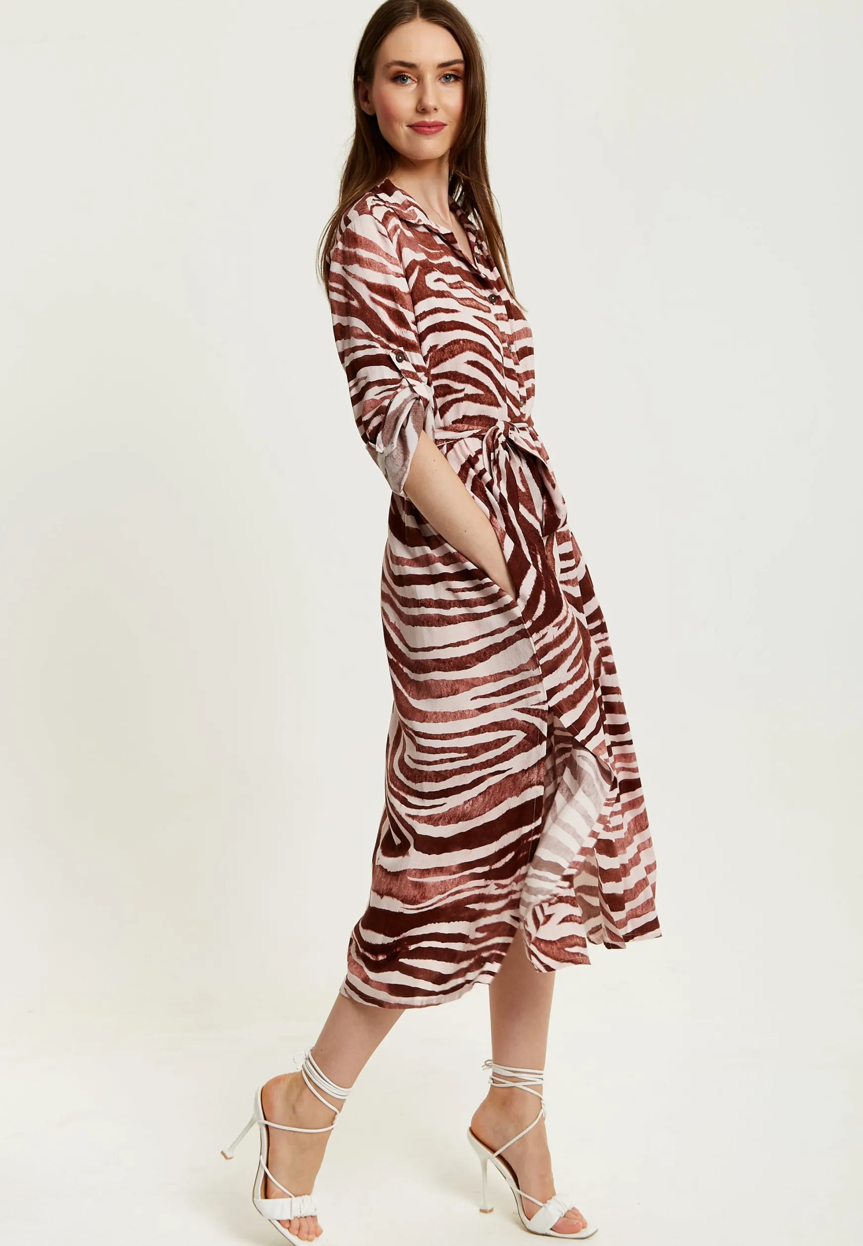 Women's Midi Dress in Brown Zebra Print with Long Sleeves - Button Up Shirt Dress with Tie Waist by Liquorish