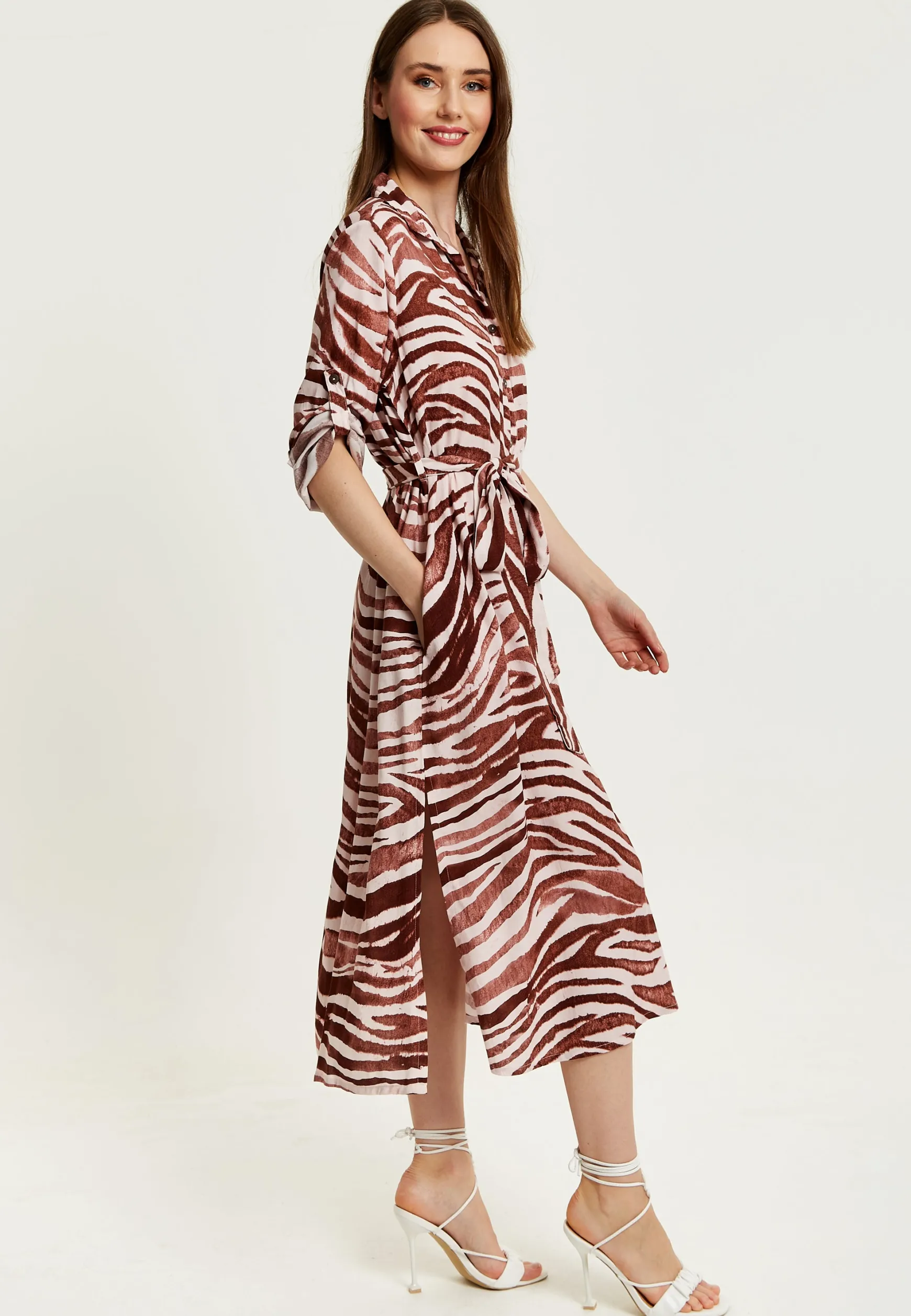 Women's Midi Dress in Brown Zebra Print with Long Sleeves - Button Up Shirt Dress with Tie Waist by Liquorish