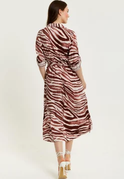 Women's Midi Dress in Brown Zebra Print with Long Sleeves - Button Up Shirt Dress with Tie Waist by Liquorish