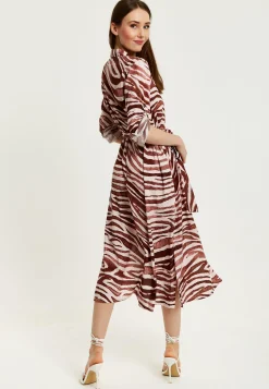 Women's Midi Dress in Brown Zebra Print with Long Sleeves - Button Up Shirt Dress with Tie Waist by Liquorish