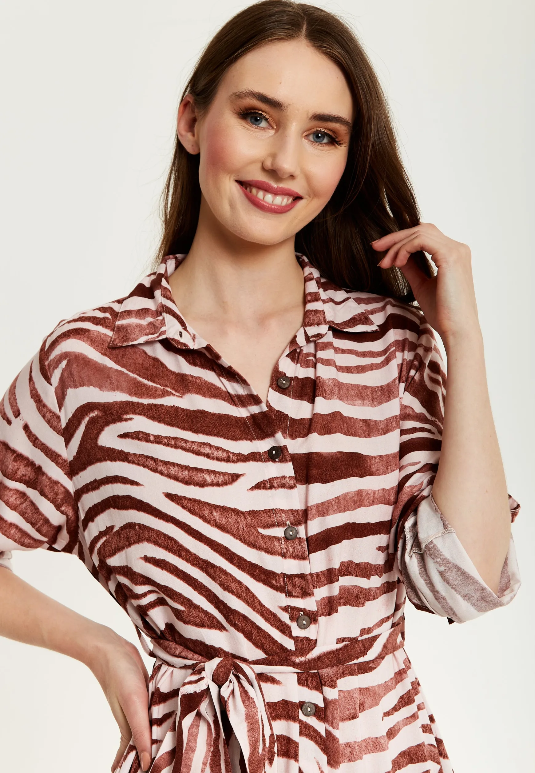 Women's Midi Dress in Brown Zebra Print with Long Sleeves - Button Up Shirt Dress with Tie Waist by Liquorish