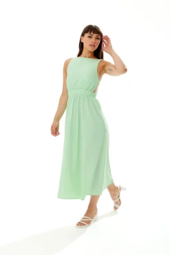 Women's Midi Dress in Chic Green with Sleeveless Design and Open Back - Perfect Elegance by Liquorish
