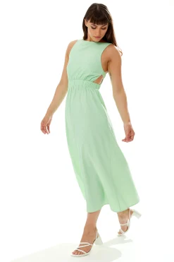 Women's Midi Dress in Chic Green with Sleeveless Design and Open Back - Perfect Elegance by Liquorish