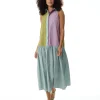Women's Midi Dress in Contrast Stripes with Button Up Front and Sleeveless Design - Liquorish