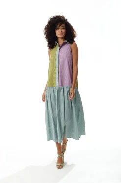 Women's Midi Dress in Contrast Stripes with Button Up Front and Sleeveless Design - Liquorish