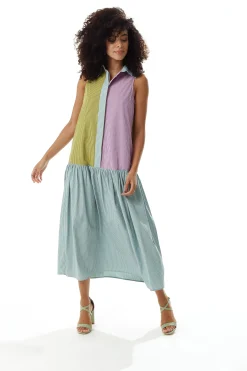 Women's Midi Dress in Contrast Stripes with Button Up Front and Sleeveless Design - Liquorish