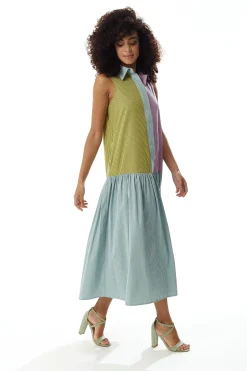Women's Midi Dress in Contrast Stripes with Button Up Front and Sleeveless Design - Liquorish