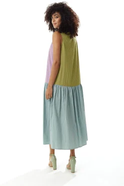 Women's Midi Dress in Contrast Stripes with Button Up Front and Sleeveless Design - Liquorish