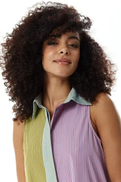 Women's Midi Dress in Contrast Stripes with Button Up Front and Sleeveless Design - Liquorish