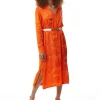 Women's Midi Dress in Coral with Long Sleeves and Belt - Stylish Leaf Print by Liquorish
