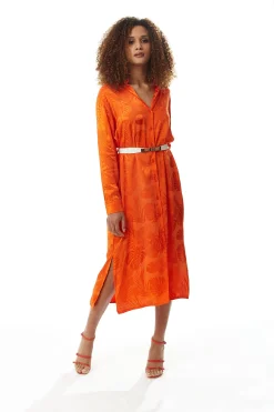 Women's Midi Dress in Coral with Long Sleeves and Belt - Stylish Leaf Print by Liquorish