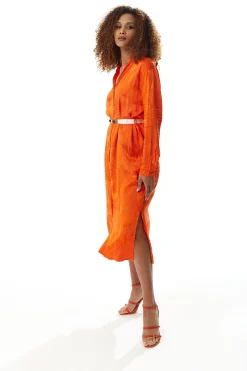 Women's Midi Dress in Coral with Long Sleeves and Belt - Stylish Leaf Print by Liquorish