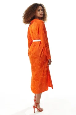 Women's Midi Dress in Coral with Long Sleeves and Belt - Stylish Leaf Print by Liquorish