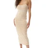 Women's Midi Dress in Cream and White Check - Sleeveless, Flattering Fitted Style, Timeless Pattern