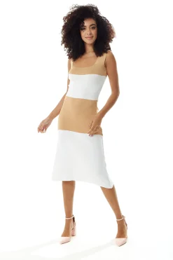 Women's Midi Dress in Cream and White, Sleeveless Fitted Style with Square Neck - Liquorish