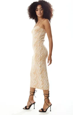 Women’s Midi Dress in Cream and White Zebra Print with Sleeveless Design