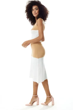 Women's Midi Dress in Cream and White, Sleeveless Fitted Style with Square Neck - Liquorish
