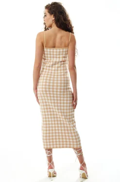 Women's Midi Dress in Cream and White Check - Sleeveless, Flattering Fitted Style, Timeless Pattern