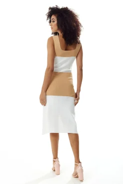 Women's Midi Dress in Cream and White, Sleeveless Fitted Style with Square Neck - Liquorish