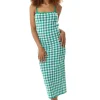 Women’s Midi Dress in Dark Green and White Check, Sleeveless, Chic Knitted Fabric, Figure-Flattering Fit