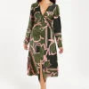Women's Midi Dress in Dark Green with Long Sleeves and Geometric Floral Knot Front Detail by Liquorish