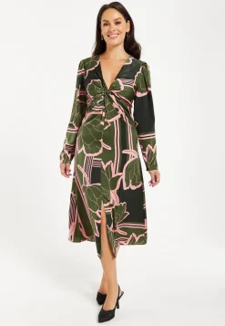 Women's Midi Dress in Dark Green with Long Sleeves and Geometric Floral Knot Front Detail by Liquorish