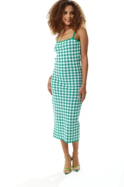 Women’s Midi Dress in Dark Green and White Check, Sleeveless, Chic Knitted Fabric, Figure-Flattering Fit