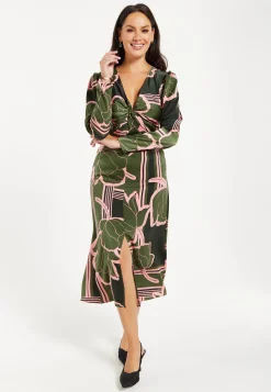 Women's Midi Dress in Dark Green with Long Sleeves and Geometric Floral Knot Front Detail by Liquorish