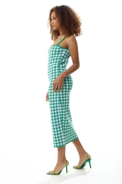 Women’s Midi Dress in Dark Green and White Check, Sleeveless, Chic Knitted Fabric, Figure-Flattering Fit