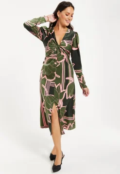 Women's Midi Dress in Dark Green with Long Sleeves and Geometric Floral Knot Front Detail by Liquorish